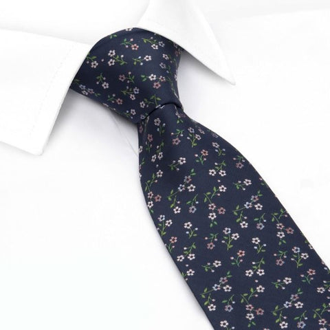 Navy & Pastel Pink Floral Woven Silk Tie