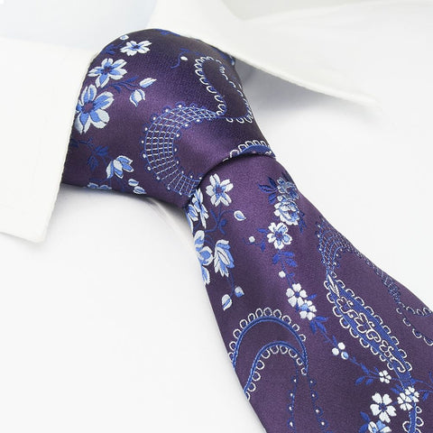 Purple & Silver Luxury Floral Silk Tie