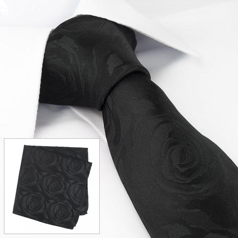 Black Rose Luxury Woven Silk Tie & Handkerchief Set
