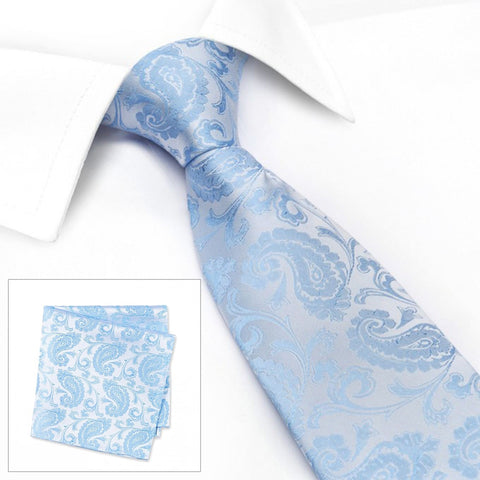 Classic Pastel Blue Paisley Silk Tie & Handkerchief Set