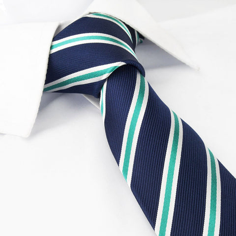 Navy with White and Green Stripes Silk Tie
