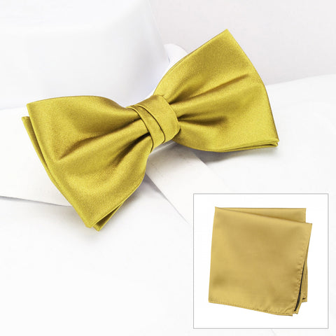 Plain Gold Silk Bow Tie & Handkerchief Set