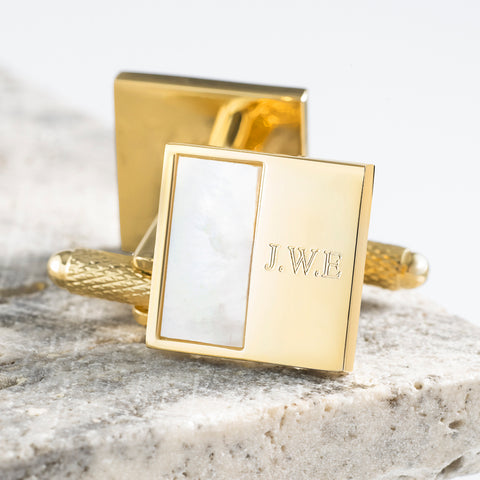 Gold Plated Square Mother of Pearl Engraved Cufflinks