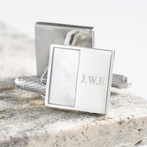 Silver Plated Square Mother of Pearl Engraved Cufflinks