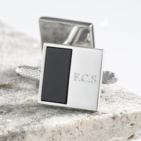 Silver Plated Square Onyx Engraved Cufflinks