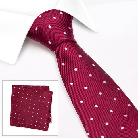 Burgundy Polka Dot Woven Silk Tie & Handkerchief Set