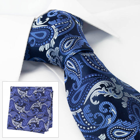 Blue Paisley Luxury Silk Tie & Handkerchief Set