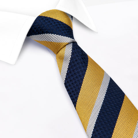 Yellow & Navy Textured Classic Striped Silk Tie