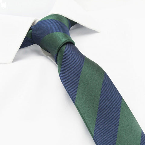 Dark Green & Navy Woven Striped Slim Silk Tie
