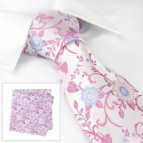 Silver Luxury Floral Silk Tie & Handkerchief Set