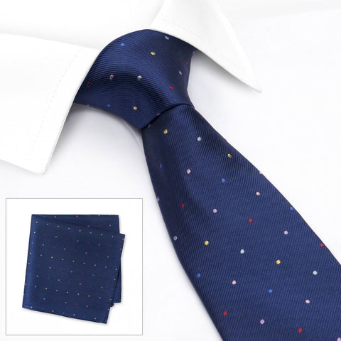 Navy Rainbow Spot Woven Silk Tie & Handkerchief Set