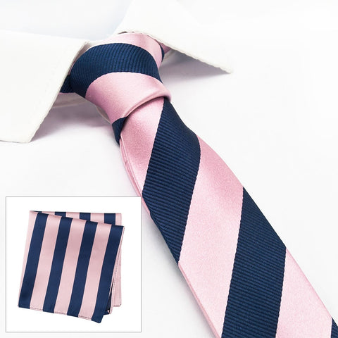 Pink & Navy Woven Striped Slim Silk Tie & Handkerchief Set