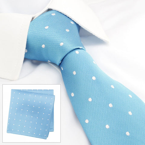 Sea Blue Polka Dot Silk Tie & Handkerchief Set