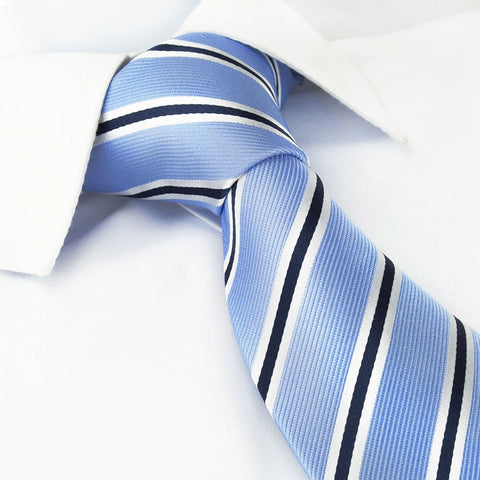Light Blue with White & Navy Stripes Silk Tie