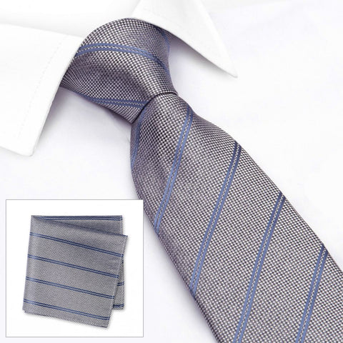 Grey Classic Textured Silk Club Stripe Tie & Handkerchief Set