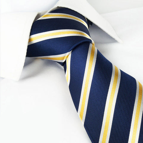 Navy with White and Gold Stripes Silk Tie