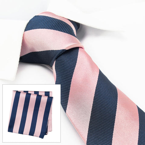 Pink & Navy Woven Striped Silk Tie & Handkerchief Set