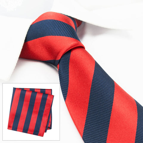 Red & Navy Woven Striped Silk Tie & Handkerchief Set