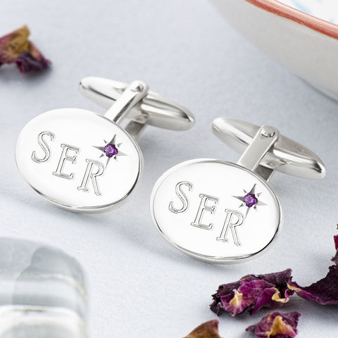 Sterling Silver Ruby Oval Cufflinks Engraved