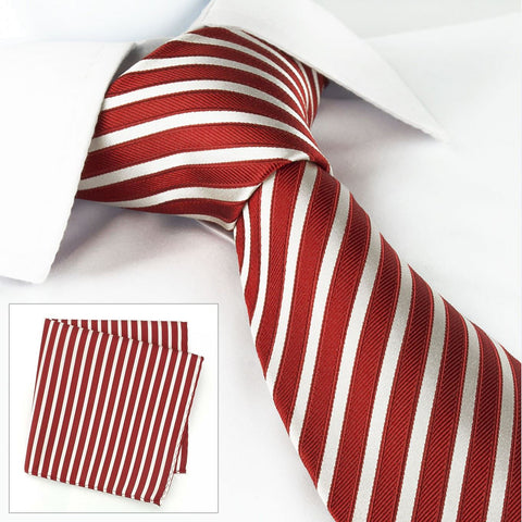 Red and White Striped Silk Tie and Handkerchief Set