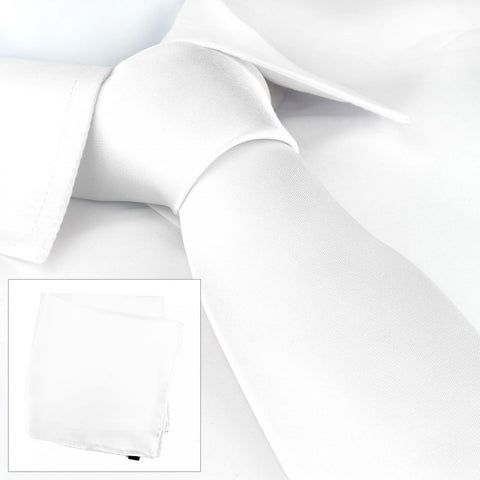 Plain White Silk Tie & Handkerchief Set