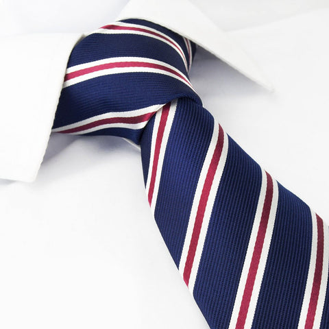 Navy Silk Tie With Burgundy And White Stripes