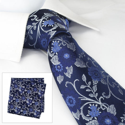 Navy Luxury Floral Silk Tie & Handkerchief Set