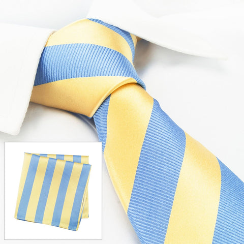 Yellow & Blue Woven Striped Silk Tie & Handkerchief Set