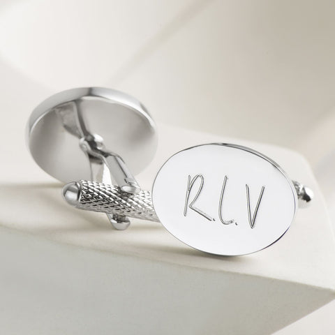 Silver Plated Oval Engraved Initial Cufflinks