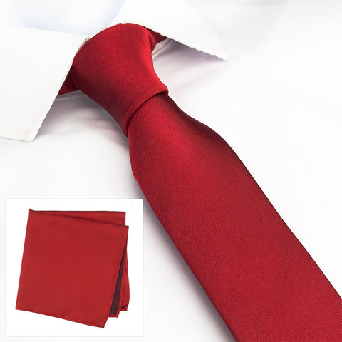 Slim Plain Red Silk Tie & Handkerchief Set