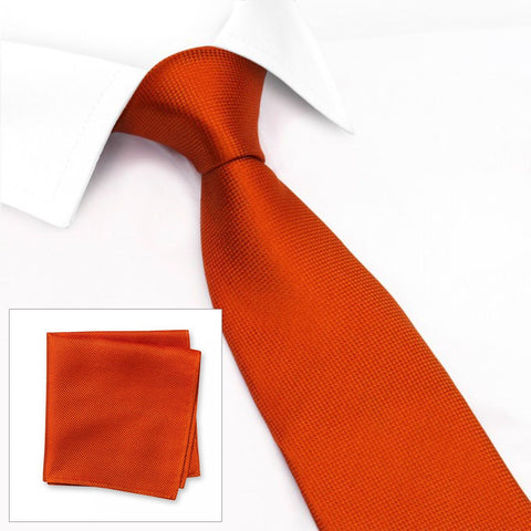 Burnt Orange Silk Plain Classic Textured Tie & Handkerchief Set