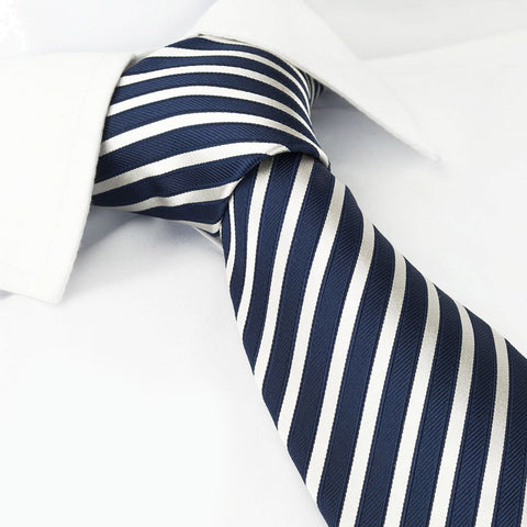 Navy and White Striped Woven Silk Tie