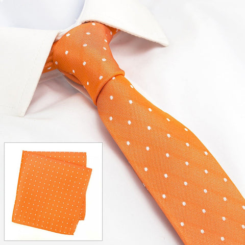 Orange Polka Dot Slim Silk Tie & Handkerchief Set