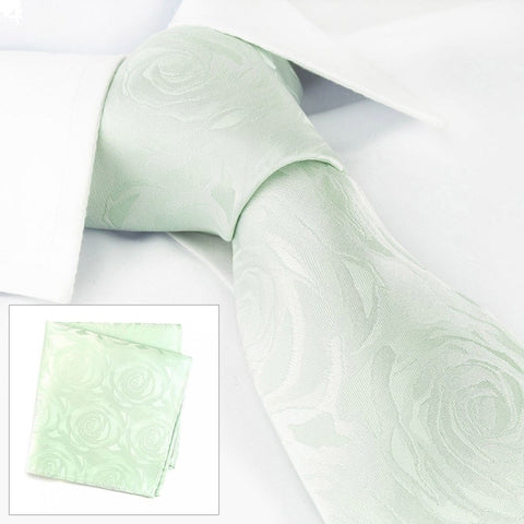 Pastel Green Rose Luxury Woven Silk Tie & Handkerchief Set