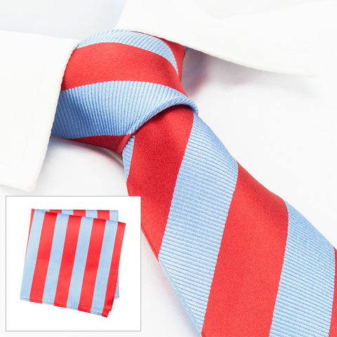 Red & Blue Woven Striped Silk Tie & Handkerchief Set