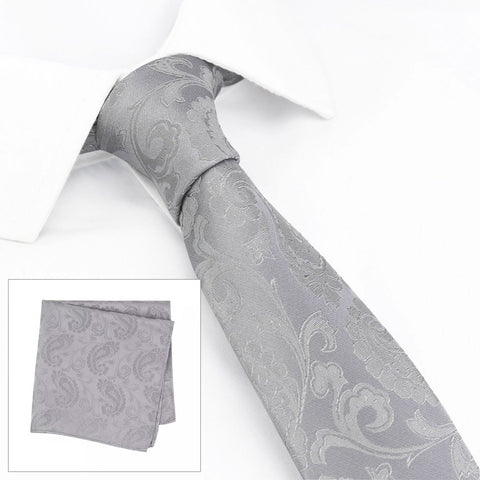Classic Silver Paisley Slim Silk Tie & Handkerchief Set