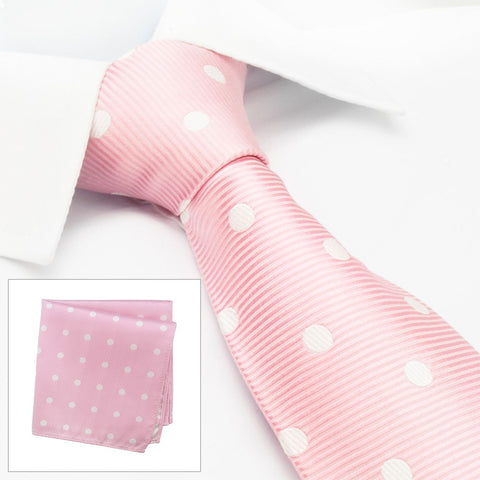 Pink Silk Tie & Handkerchief Set With White Polka Dots