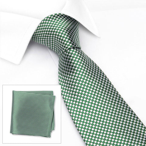 Green & Silver Micro Square Woven Silk Tie & Handkerchief Set