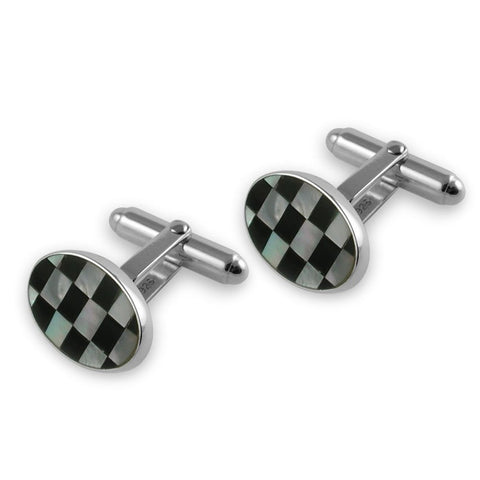 Sterling Silver Mother of Pearl & Onyx Oval Cufflinks