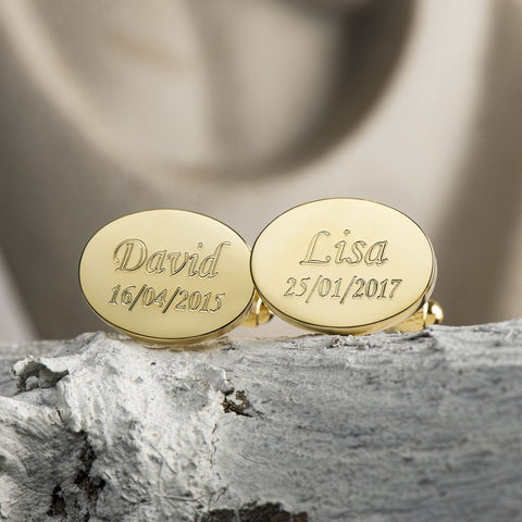 Kids Name & Date Engraved Gold Oval Cufflinks