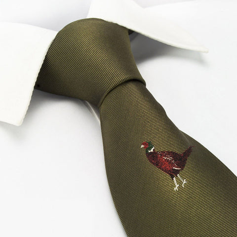 Green Pheasant Motif Luxury Silk Tie