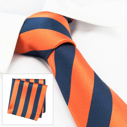 Orange & Navy Woven Striped Silk Tie & Handkerchief Set