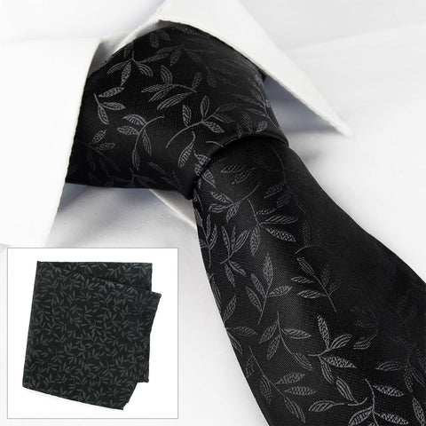 Black Leaf Jacquard Silk Tie & Handkerchief Set