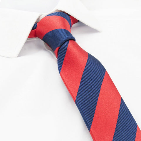 Red & Navy Woven Striped Slim Silk Tie