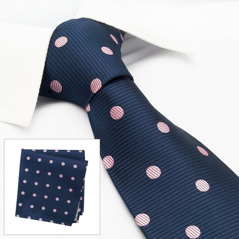 Navy With Pink Polka Dots Silk Tie & Handkerchief Set