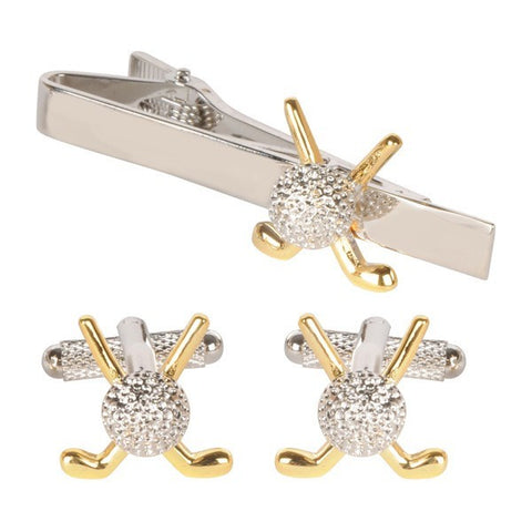 Gold Crossed Golf Clubs Cufflinks & Tie Bar Gift Set