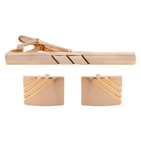 Parallel Lined Gold Cufflinks & Tie Bar Set