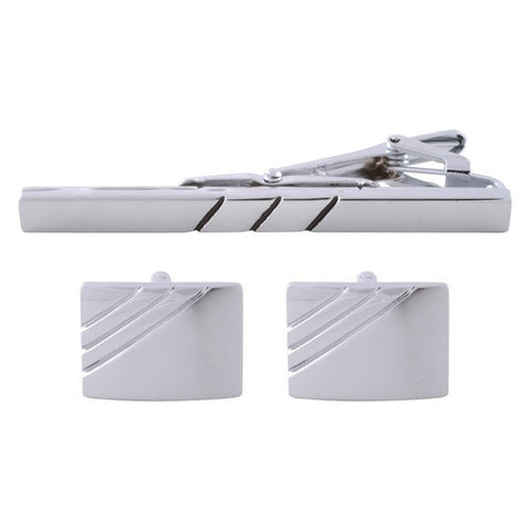 Parallel Lined Silver Cufflinks & Tie Bar Set