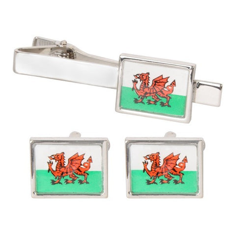 Welsh Flag Cufflinks & Tie Bar Set